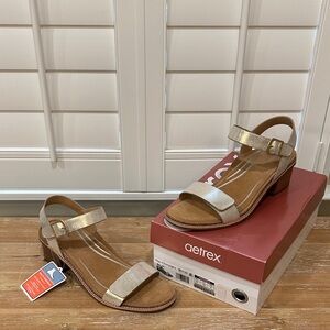 Aetrex Women's Metallic Mae Champagne Sandals with Block Heel